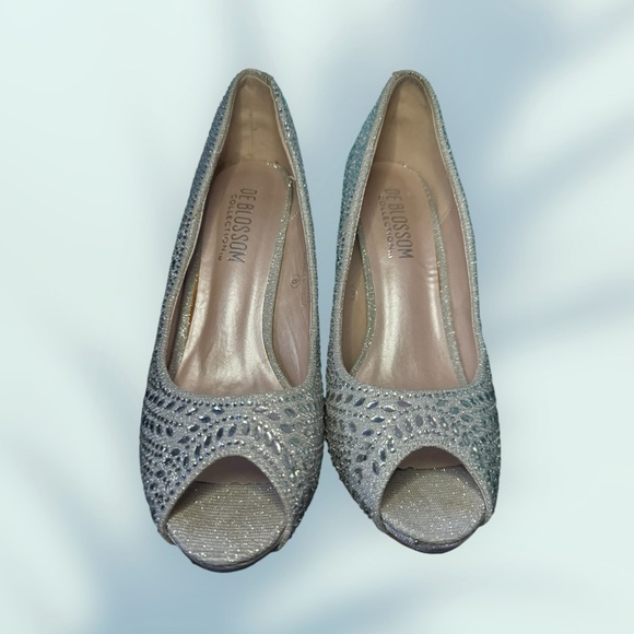 SILVER GLITTER JEWELED PEEP TOE HEELS - Picture 2 of 3
